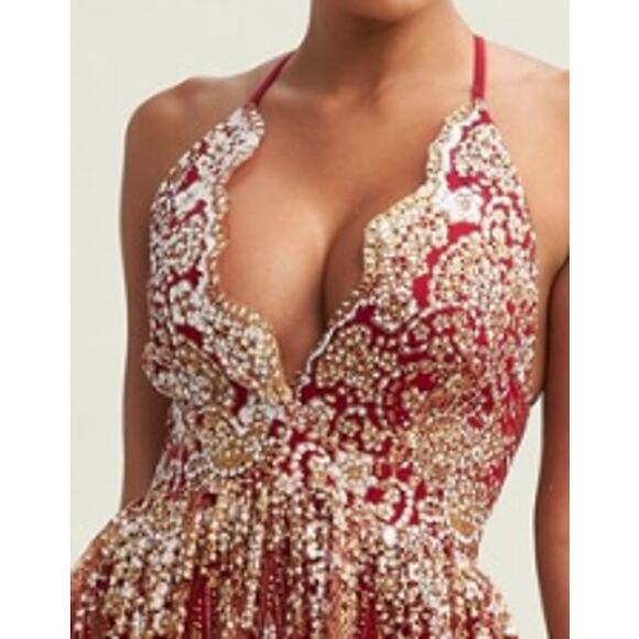 LUXXEL S red gold glitter backless strappy formal party maxi dress gown NWT B162 - Picture 2 of 5